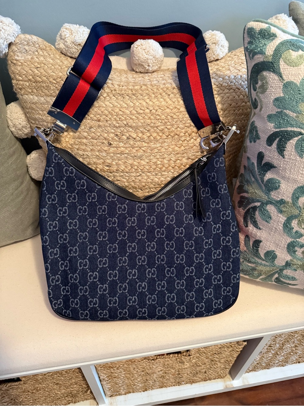 GG Navy Denim Shoulder Bag with Red and Navy Web Strap